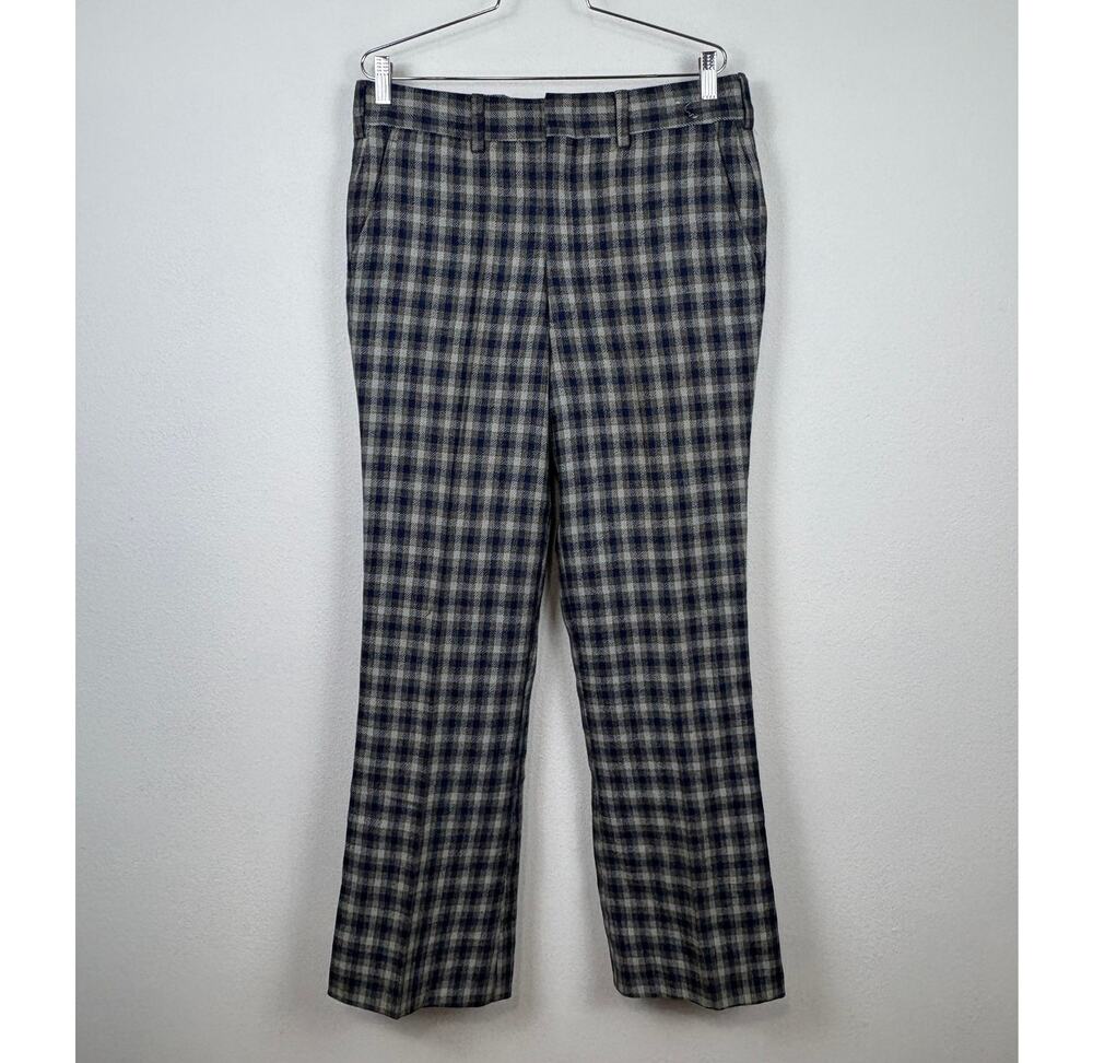 Vintage Flat Front Blue Gray Check Plaid Tartan Dress Fall Pants Slacks Size 32